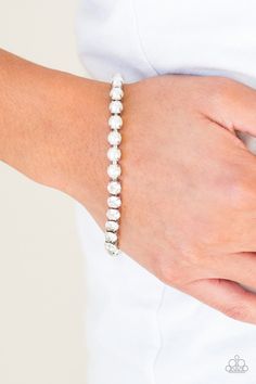 Out Like A SOCIALITE Bracelets-Lovelee's Treasures-bracelets Bracelets Trendy, Paparazzi Accessories Jewelry, Paparazzi Consultant, White Bracelet, White Bracelets, Silver Frames, Ball Necklace, Paparazzi Accessories, White Rhinestone