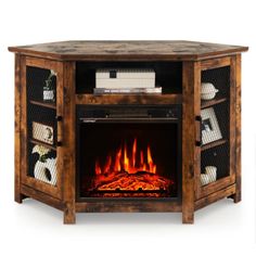 an entertainment center with a fire place in it