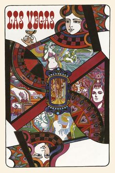 an advertisement for the las vegas casino, featuring women and men in colorful art work