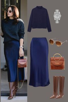 Mini Skirt Work Outfit Winter, Satin Dress Knee High Boots, Knee High Brown Leather Boots Outfit, Navy Satin Midi Skirt Outfit, Navy Blazer And Dress Outfit, Dark Blue Midi Skirt Outfit, Satin Winter Outfit, Office Chic Outfit Winter, Navy Blue Office Outfit