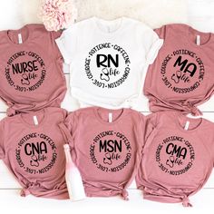 six t - shirts with the names of nurses and nurse's initials on them