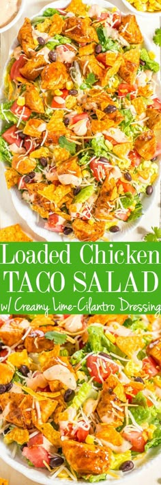 loaded chicken taco salad with creamy lime cilantro dressing is an easy and healthy dinner idea