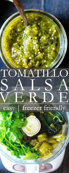 this is an image of salsa in a blender with text overlay that reads, tomato salsa verde easy and freezer friendly