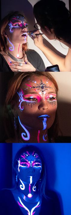 Blacklight uv fluo makup face painting women cie.libellune Rave Party Makeup Ideas, Uv Paint Makeup, Black Light Paint Ideas Body Art, Rave Eye Makeup, Rave Face Paint, Blacklight Makeup, Black Light Makeup, Uv Face Paint, Neon Face Paint