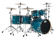 a drum set with blue and black stripes on it