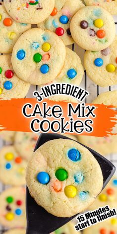 cookies with m & m candies on top and the title overlay reads 3 ingredient cake mix cookies