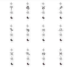 the zodiac symbols are arranged in different styles and sizes, including one for each letter