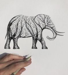 a drawing of an elephant with trees on it