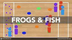 the words frogs and fish are in front of an image of people on a basketball court