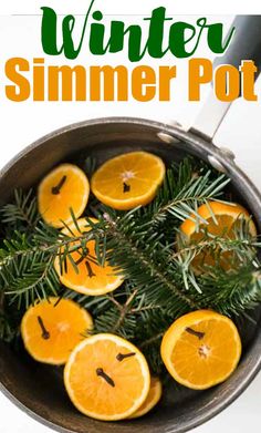 oranges and rosemary in a pot with text overlay that reads stovetop potpour