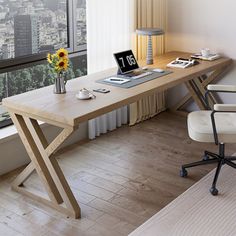 a wooden desk with a laptop on it in front of a window overlooking the city