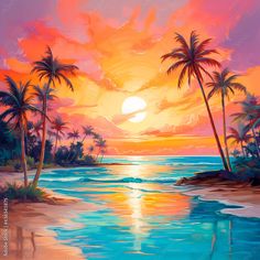 an oil painting of palm trees and the sun setting over the ocean on a tropical beach