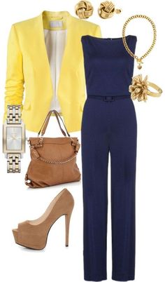 Elegant Work Outfits, Shoes Business, Teenage Outfits, Jumpsuit And Blazer, Yellow Outfit, Yellow Jacket, فستان سهرة, Professional Attire, Looks Chic