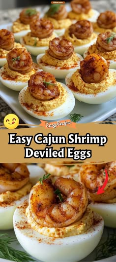 Cajun Shrimp Deviled Eggs Deviled Eggs With Shrimp On Top, Seafood Deviled Eggs Crab Meat, Crawfish Deviled Eggs Recipe, Spicy Deviled Eggs Recipe, Cajun Appetizers, Shrimp Deviled Eggs, Eggs Recipes, Christmas Apps, Cajun Shrimp