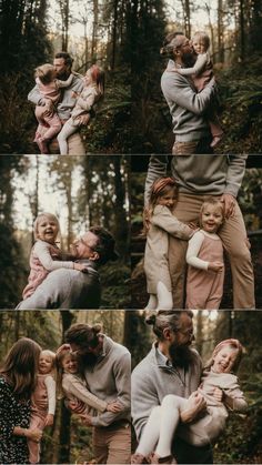 a collage of people in the woods with one holding a baby and two others hugging