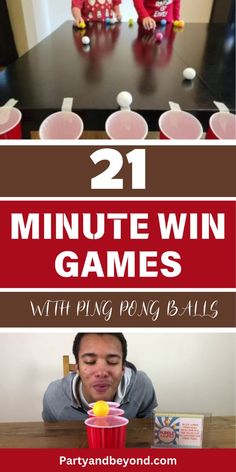 two children playing with toys at the table and text that reads 21 minute win games with ping pong balls