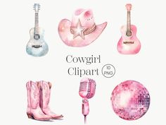 a collection of pink and white items with the words cowgirl clipart