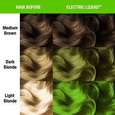 GUILT-FREE GLAMOUR!® Electric Lizard is a bright, neon green dye that looks as electric as it sounds. With vibrant, lime green hues, this shade glows brightly under black lights! For best results, we recommend lightening your hair to the lightest level 10 blonde before use. How many 4oz containers of Manic Panic hair color should I buy? Short Hair up to Bob Length: 1 jar/bottle for thin or thick hair. Below the Shoulder up to Waist Length: 2 jars/bottles for thin hair and 2-3 for thick hair. Tai Level 10 Blonde, Manic Panic Electric Lizard, Manic Panic Hair Color, Permanent Hair Dye Colors, Neon Green Hair, Manic Panic Hair, Green Hair Dye, Colour Touch Wella, Short Hair Up