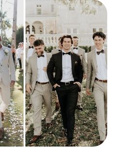 men in tuxedos are walking down the aisle