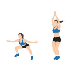 two women doing squat exercises with their arms in the air and one standing on her knees