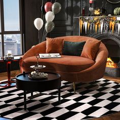 a living room with black and white checkered flooring, orange couches and balloons