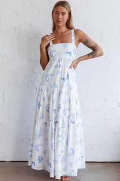 Indianna Square Neckline Maxi Dress Printed White Coastal Grandma Dress, White Printed Dress, Maxi Dress Beach, Summer Midi Dress, Yellow Bridesmaids, Coffee Dates, Euro Summer, Tan Sandals, Blue Bridesmaids