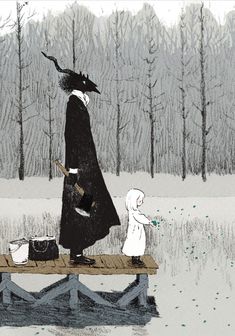 an image of a woman and child on a bench in the snow with trees behind them