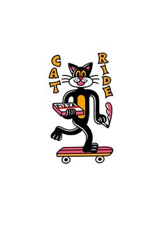 a black cat riding on top of a skateboard with the word gadget written above it