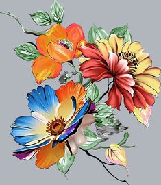 colorful flowers are arranged on a gray background