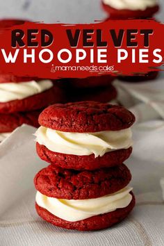 red velvet whoopie pies stacked on top of each other with white frosting