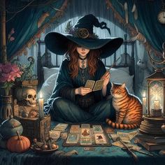 a woman in a witches hat sitting on a bed next to a cat and playing cards