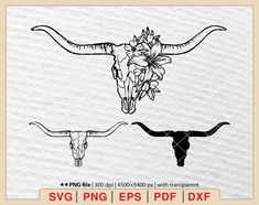 longhorn skull and flowers on white paper with the words svg png eps dxf