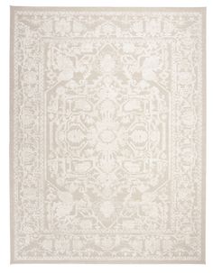 a white rug with an intricate design on the front and back side, in shades of beige