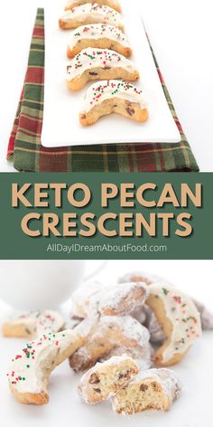 keto pecan crescents with white frosting and sprinkles on them