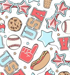 seamless pattern with sports related items and stars on white background, suitable for wallpaper or fabric design