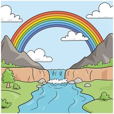 a rainbow in the sky over a river with mountains and trees around it, as well as a waterfall