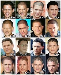 many different pictures of the same man with different facial shapes and hair colors in each photo