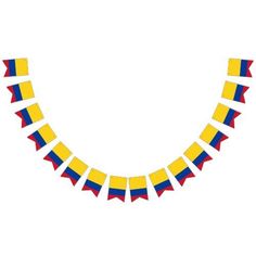 a yellow, blue and red bunting banner on a white background