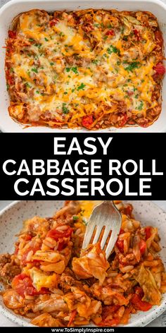 cabbage roll casserole in a white casserole dish and on a white plate with a fork. Stuffed Cabbage Roll Casserole, Baked Cabbage Rolls, Recipes For Cabbage Rolls, Sweet Cabbage Rolls, Stuffed Cabbage Rolls Easy, Cabbage Roll Unstuffed, Recipes For Shredded Cabbage, Stuffed Cabbage Recipe, Cabbage Roll Casserole With Sauerkraut