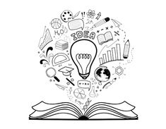 an open book with doodles on it and a light bulb in the middle surrounded by books