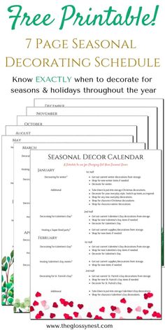 the free printable 7 page seasonal decorating schedule for christmas and holidays throughout the year