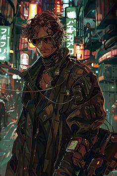 a man in a leather jacket and sunglasses standing on a city street at night with neon signs behind him