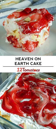 there is a cake with strawberries on it and the words heaven on earth cake below