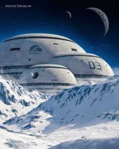 an artist's rendering of three futuristic ships floating in the sky over snow covered mountains