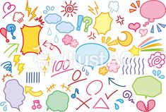 an assortment of colorful speech bubbles and symbols