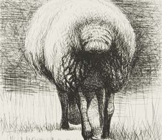 a black and white drawing of a sheep standing in the grass with it's head down