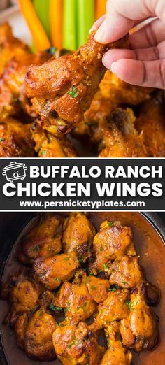 buffalo ranch chicken wings in a bowl with carrots and celery