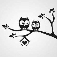 two owls sitting on a tree branch wall decal with heart shaped leaves and hanging bird feeder