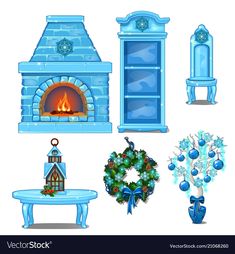 a set of christmas decorations and fireplaces in blue colors on a white background illustration