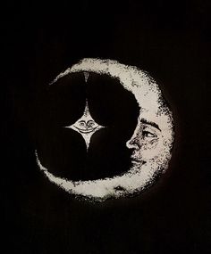 a drawing of a man's face with a crescent moon in the middle and stars above it